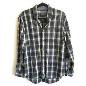 IZOD Plaid Cotton Button Down Long Sleeve Shirt Blue Green White M